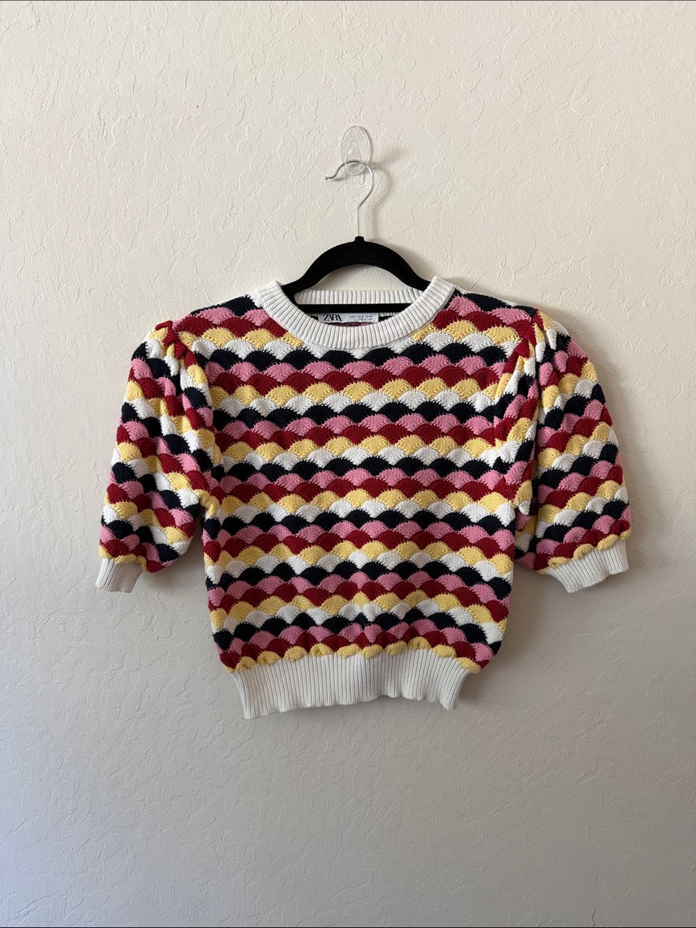 Zara Colorblock Scallop Knit Crew Sweater - White, Pink, Yellow, Black